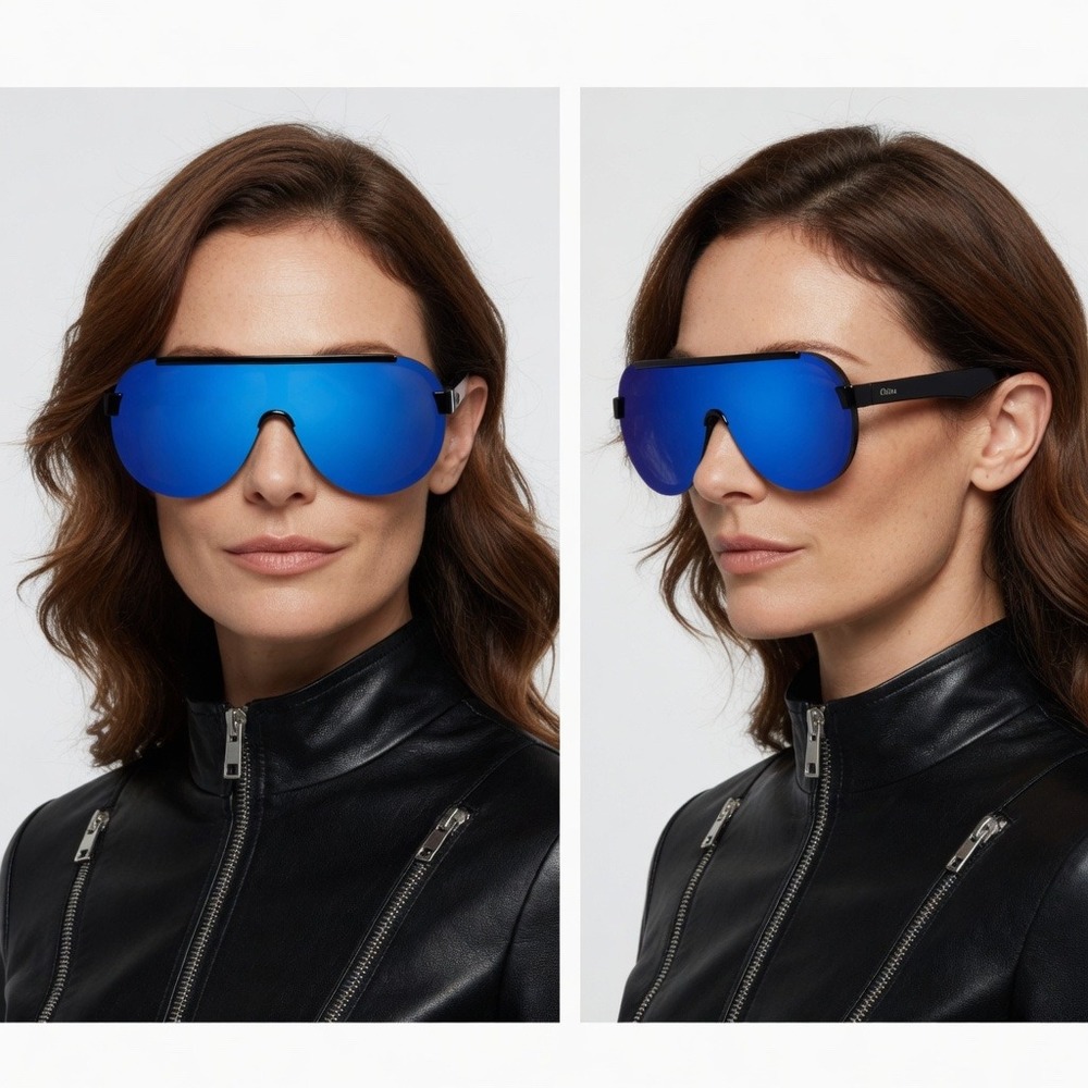 Womens Blue Mirrored Shield Sunglasses Flat Top Mono Lens Black Frame Lentes New